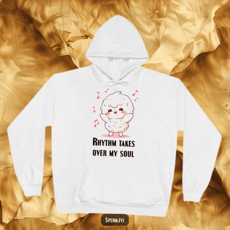 Funny Kawaii character hoodie design featuring a cute dancer in a silly pose, adorned with cheerful musical notes, inviting warmth.