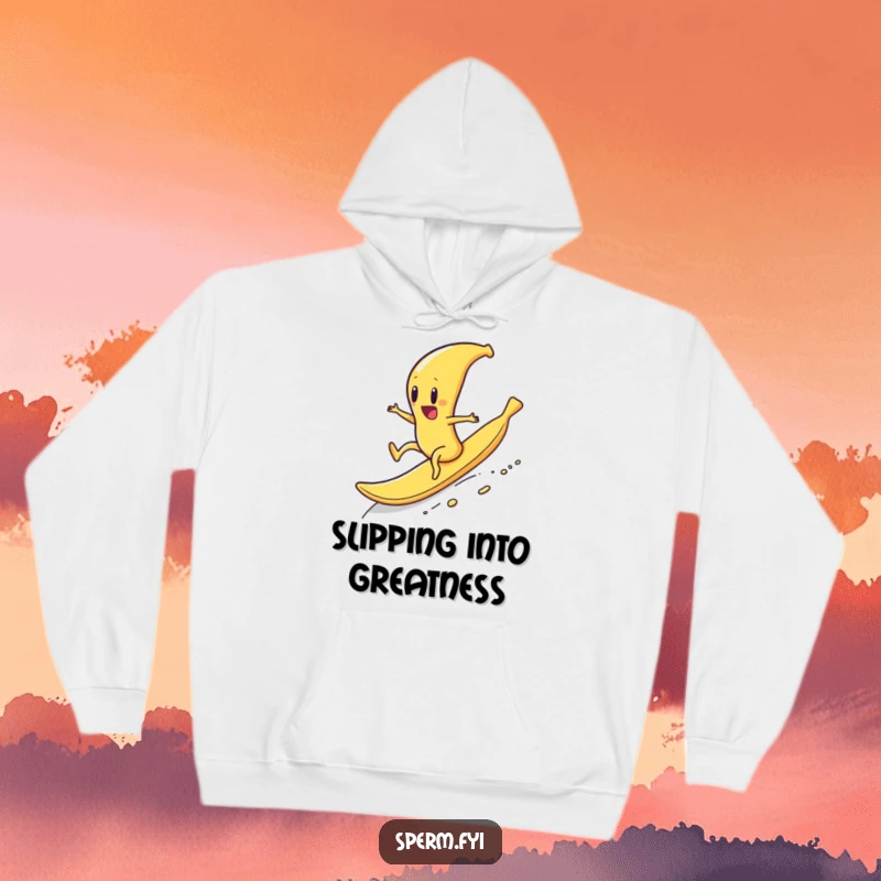 Funny hoodie featuring a sperm character joyfully riding a banana peel downhill, offering warmth and comedic thrill.