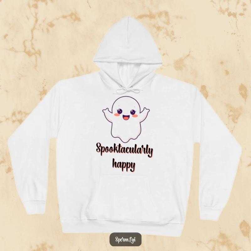Funny Ghost Hoodie showcasing a cheerful cartoon ghost wobbling joyfully, offering warmth and humor for fans.