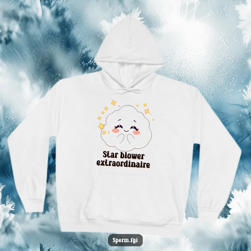 Funny hoodie with a giggling galaxy cloud character blowing starry bubbles, offering warmth and a magical, whimsical theme.