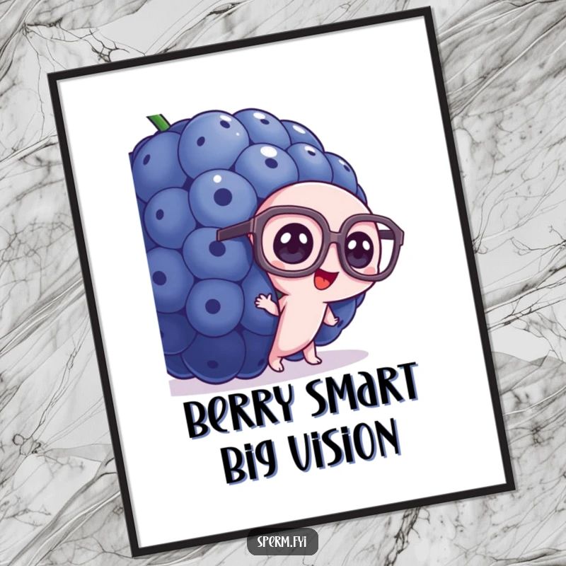 Funny Free Printable Wall Art: A sperm wearing large glasses peeks curiously from behind a colossal blueberry. Quirky.