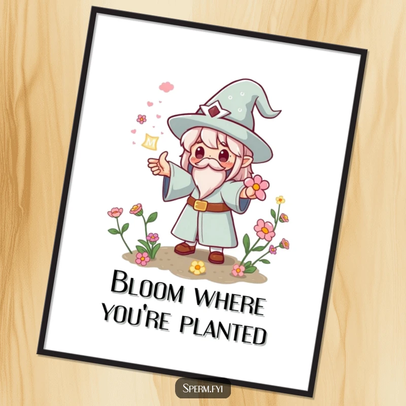 Funny Free Printable tiny Kawaii wizard casting a spell that instantly makes flowers bloom, as humorous wall art.
