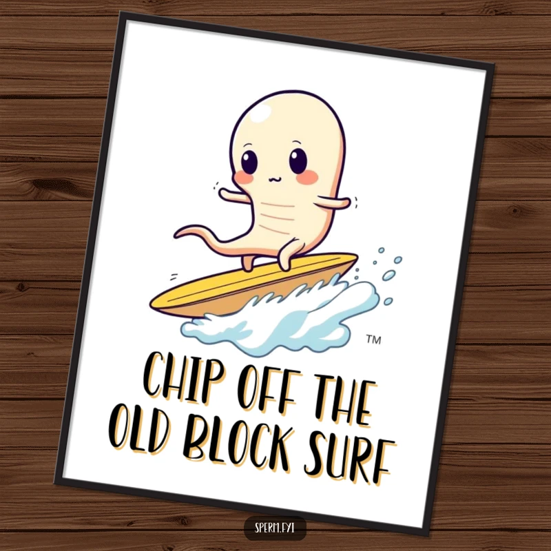 Funny Free Printable Wall Art: A sperm precariously balances while surfing a giant potato chip. Snack time.