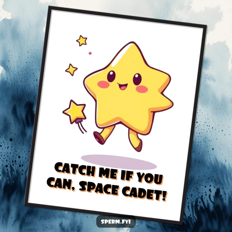Funny Free Printable Wall Art: A bouncing star character plays tag with a comet, depicting a chaotic and humorous cosmic scene.