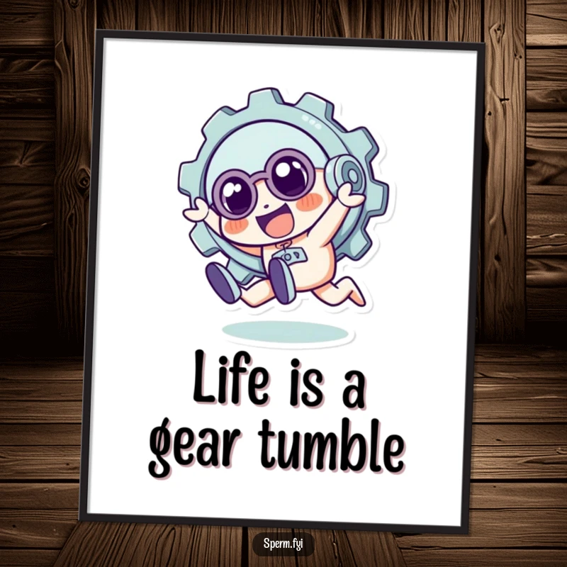 Funny Free Printable Wall Art: A quirky gear character doing a playful tumble, energetic and humorous downloadable decor.