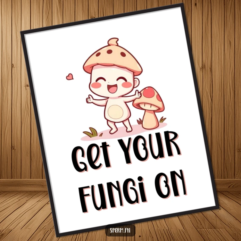 Funny Free Printable Wall Art: Giggling character in a silly dance with a talking mushroom, a vibrant and humorous piece.