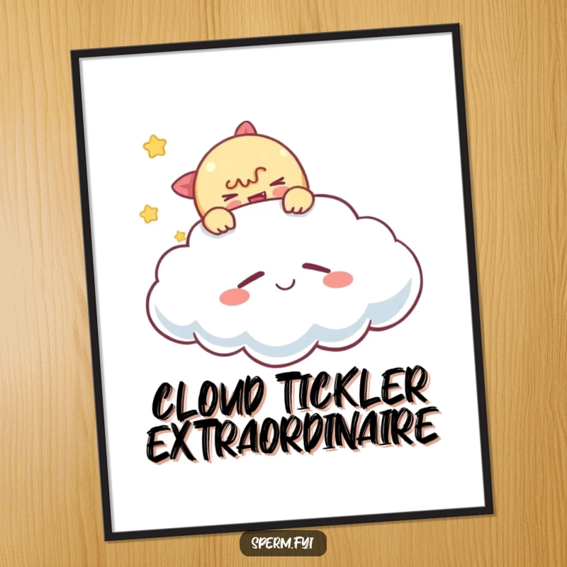 Funny free printable wall art of a mischievous character secretly tickling a sleeping, smiling cloud, perfect for DIY home decor.