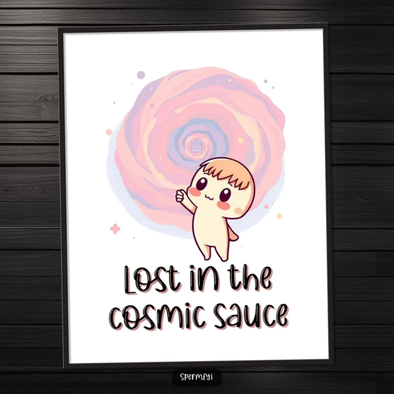 Funny free printable wall art of a curious character pointing with wide eyes at a breathtaking, vast swirling galaxy.