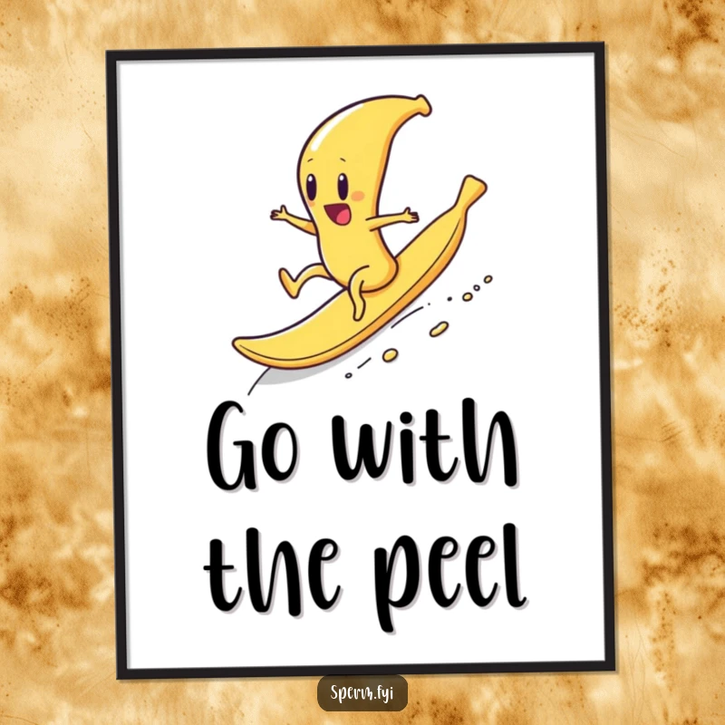 Funny free printable wall art: A sperm character enthusiastically rides a rogue banana peel downhill, capturing exhilarating movement.