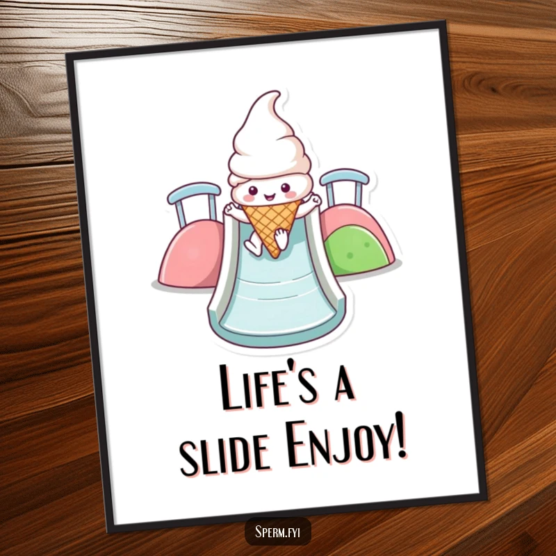Funny Free Printable Wall Art of a beaming Kawaii ice cream cone happily zipping down a vibrant, multi-colored slide.