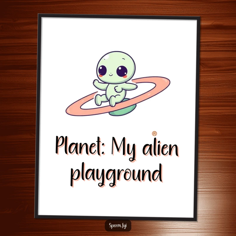 Funny Free Printable Wall Art: Cartoon Kawaii alien playfully zipping around a vibrant, spinning planet in outer space.