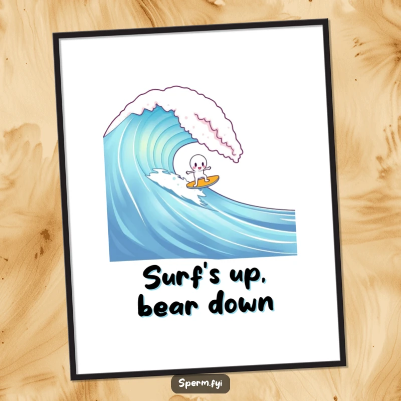 Funny free printable wall art: A lone sperm character attempts to surf a gigantic gummy bear wave, creating a surreal scene.