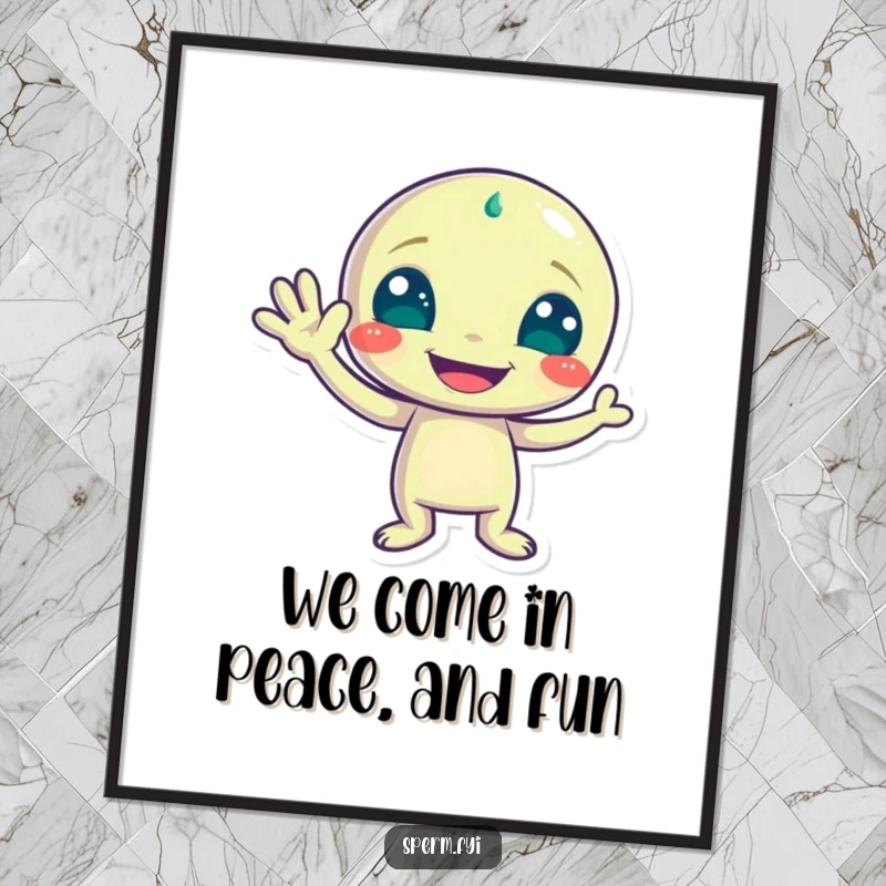 Funny Free Printable Wall Art featuring a playful alien character waving with a wide grin, bringing extraterrestrial humor to any room.