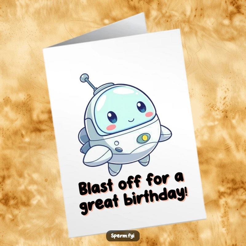 Funny Free Printable Birthday Card featuring a bouncing little spaceship character with a determined look, ready for an adventure.