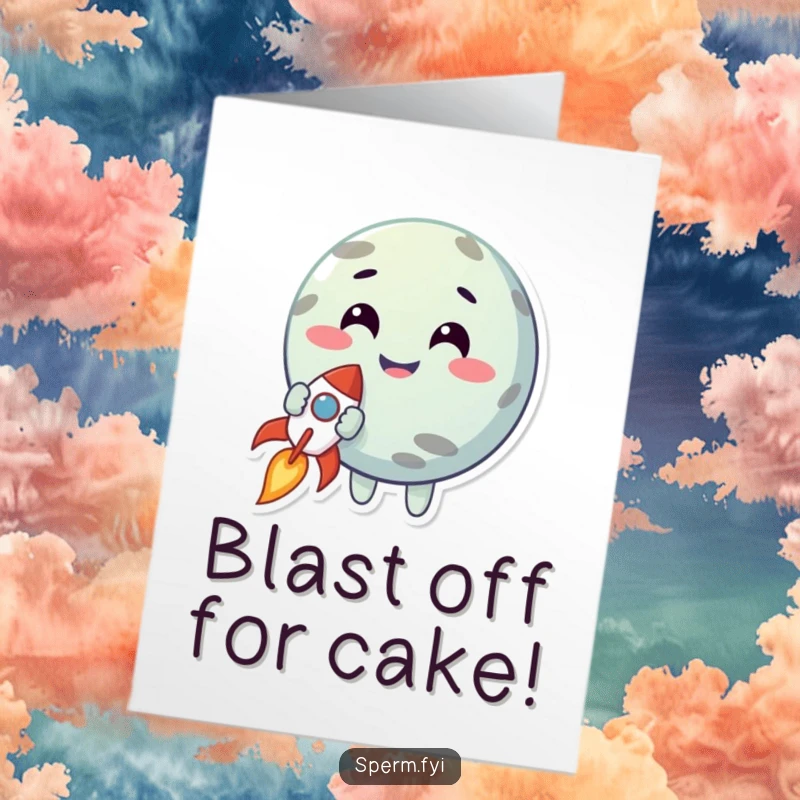 Funny Free Printable Birthday Card: A smiling planet character happily holds a tiny rocket, ready for adventure and birthday fun.