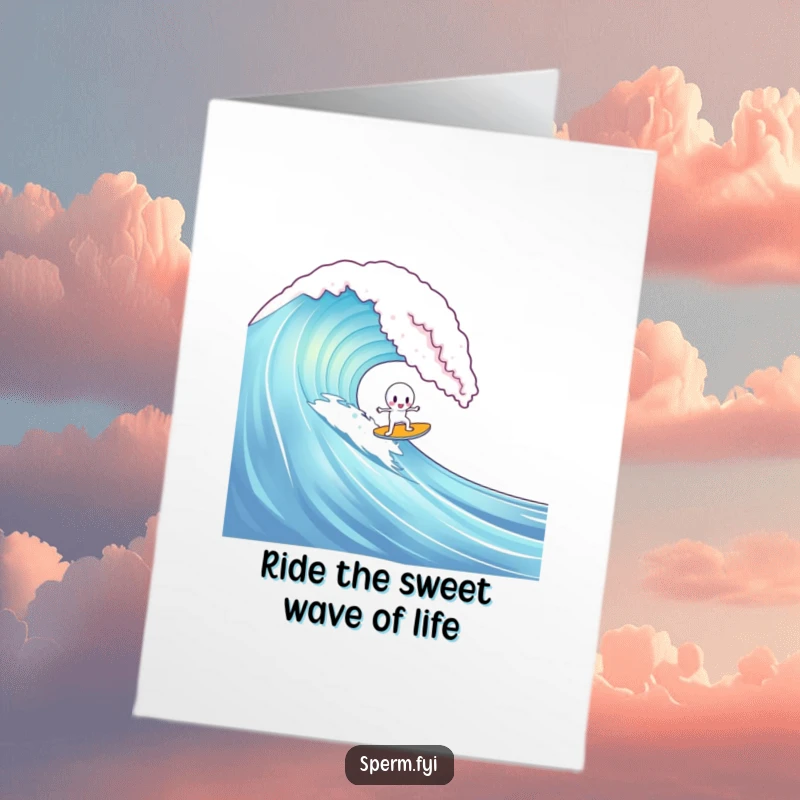 Funny free printable birthday card: A lone sperm character attempts to surf a giant gummy bear wave, balancing precariously.