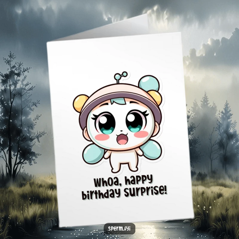 Funny Free Printable Birthday Card: Wide-eyed molecule character looks utterly surprised, perfect for a shocking birthday wish.