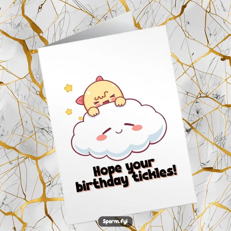 Funny free printable birthday card: a mischievous character tickling a sleeping, smiling cloud, a delightful downloadable gift.