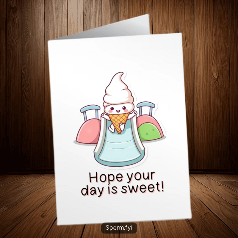 Funny Free Printable Birthday Card of a happy Kawaii ice cream cone sliding down a vibrant, rainbow-colored slide.