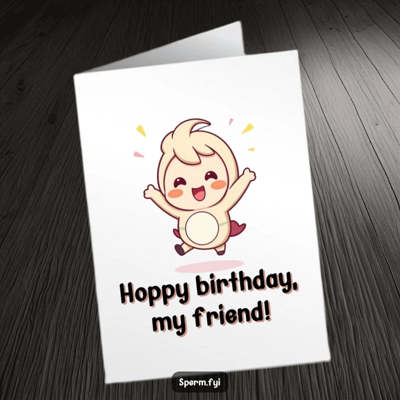 Funny free printable birthday card showing a character in mid-air doing a joyful celebratory hop. Pure birthday excitement.
