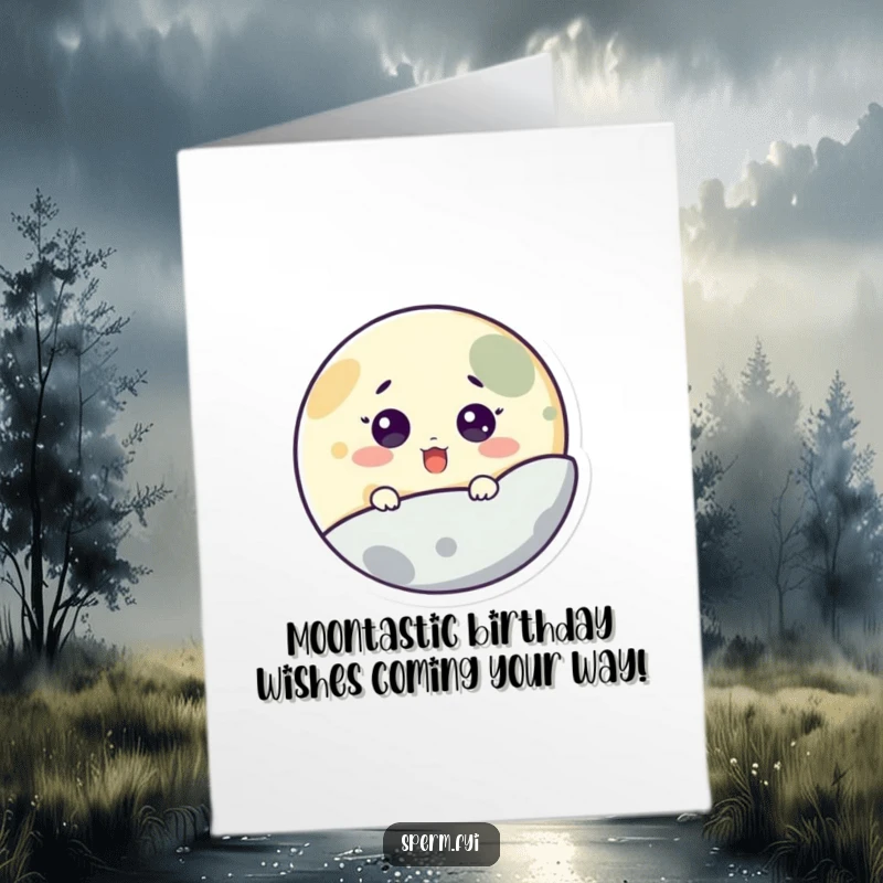 Funny Free Printable Birthday Card with a surprised moon character peeking from behind a planet, perfect for a space-themed party.