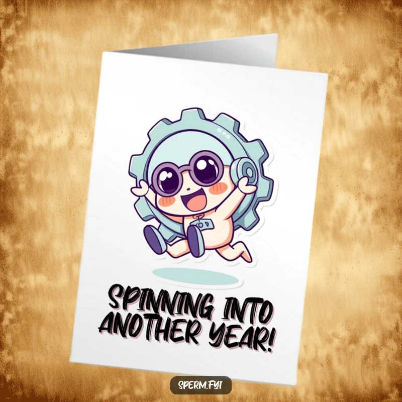 Funny Free Printable Birthday Card: A quirky gear character in a playful tumble, humorous and energetic downloadable greeting.