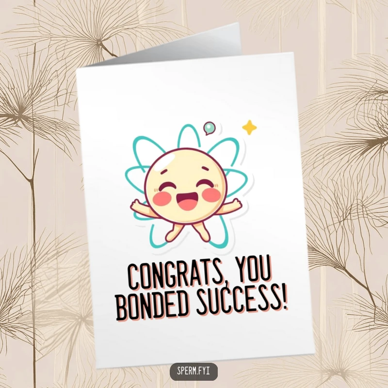 Funny Free Printable Congratulations Card featuring a joyful little atom character happily spinning, celebrating success with energetic flair.