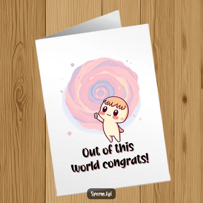 Funny free printable congratulations card with a curious character pointing towards a mesmerizing, vast swirling galaxy.