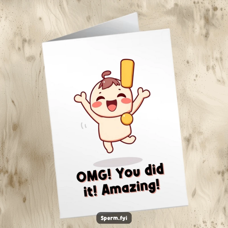 Funny Free Printable Congratulations Card: Kawaii character jumping for joy with a giant exclamation mark, celebrating a fantastic achievement.