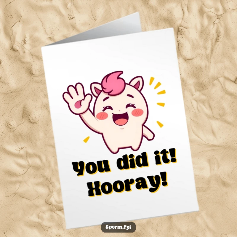 Funny free printable congratulations card showing a character with a comically large wave. Ideal for sharing exciting news.