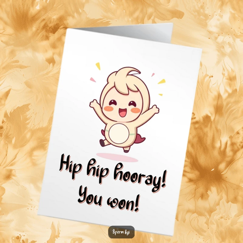 Funny free printable congratulations card of a character doing an enthusiastic celebratory hop. Perfect for expressing joy.