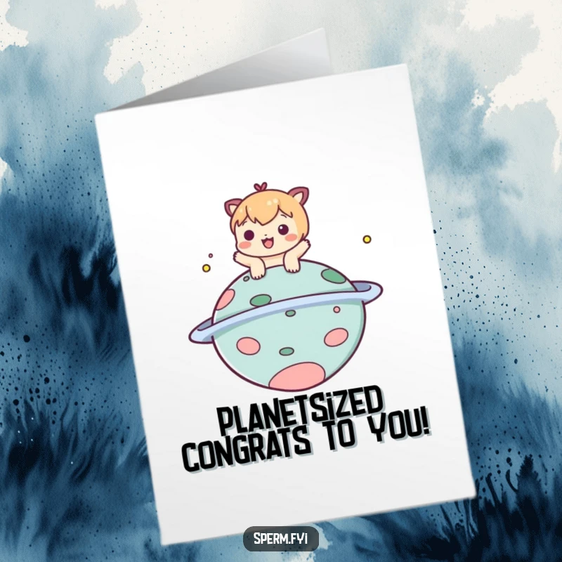 Funny free printable congratulations card with a playful character joyfully bopping a comical, wobbly floating planet.