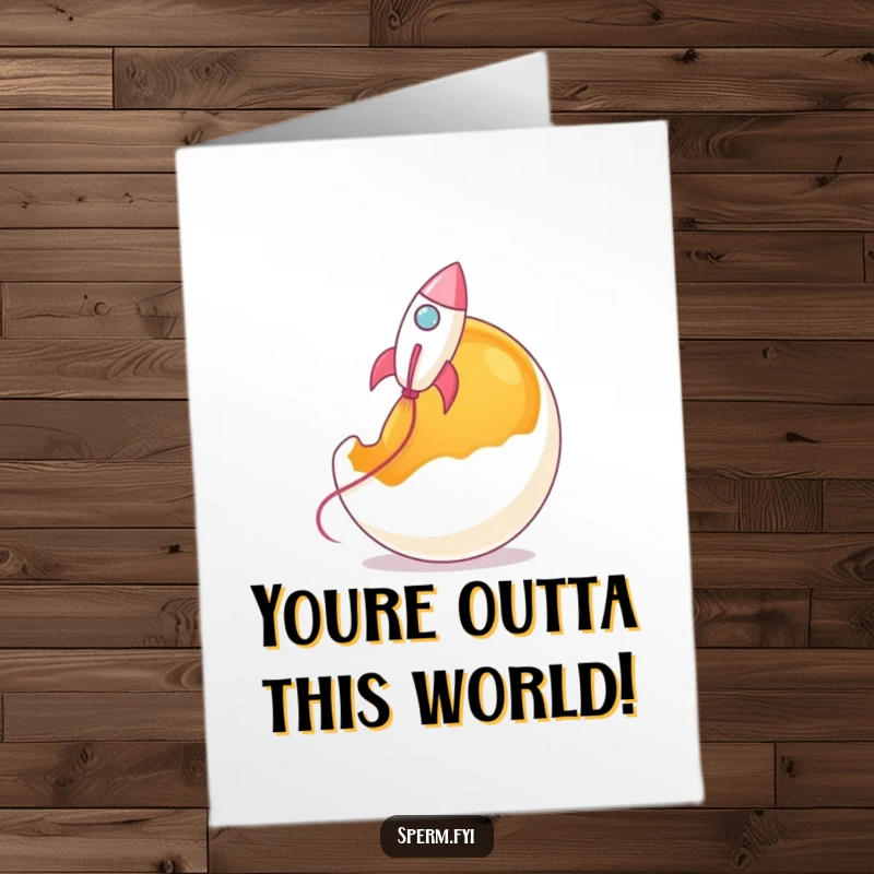 Free Printable Congratulations Card: A sperm rocket blasts off from a giant egg yolk, symbolizing a new beginning. Funny.