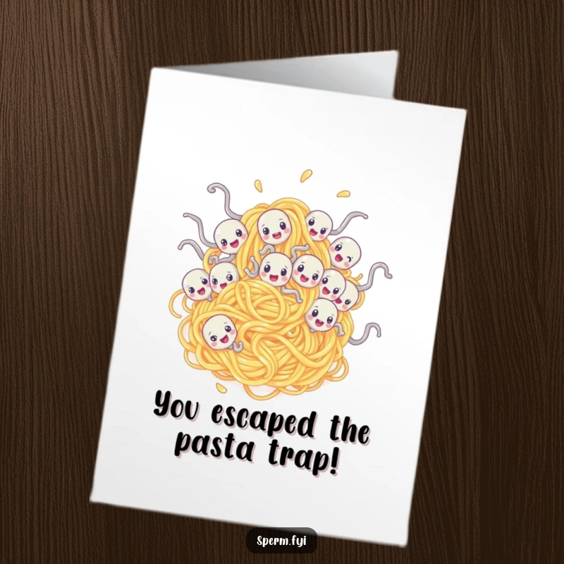 Funny free printable congratulations card: Sperm characters are comically stuck in a massive spaghetti noodle, a chaotic scene.
