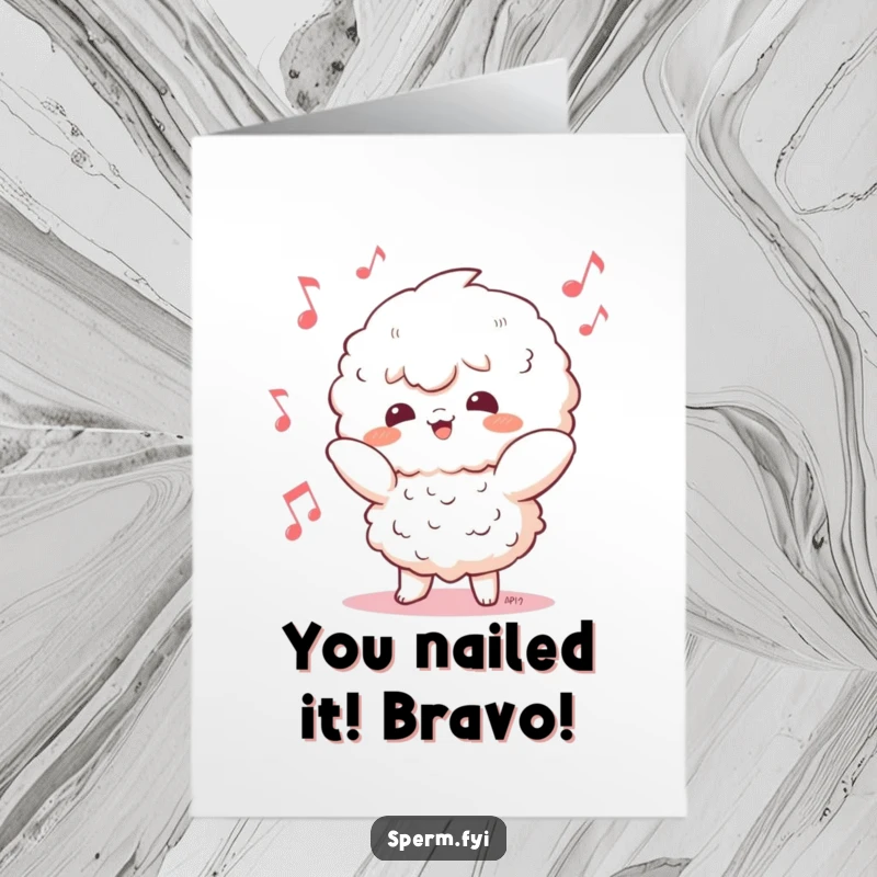 Funny Free Printable Congratulations Card with a fluffy Kawaii character doing a goofy dance to celebrate achievements.