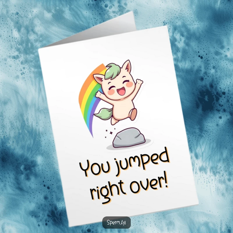 Funny free printable congratulations card: a joyous character with a rainbow trail leaps over an obstacle, wonderful DIY gift.