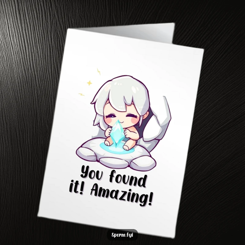 Funny free printable congratulations card featuring a whimsical character gasping with delight upon finding a sparkling hidden gem.