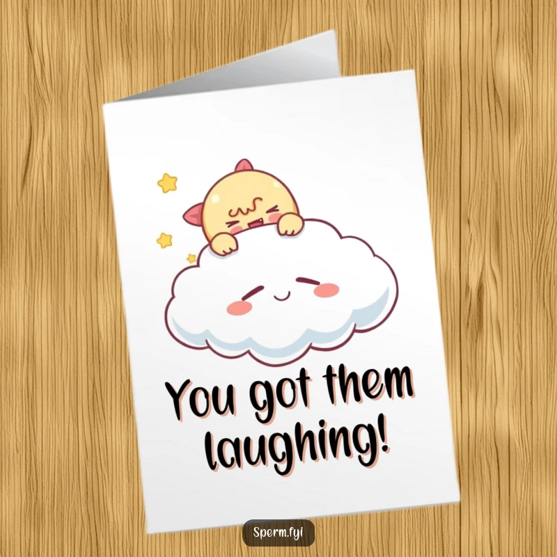 Funny free printable congratulations card: a mischievous character tickling a sleeping, smiling cloud, a cheeky downloadable gift.