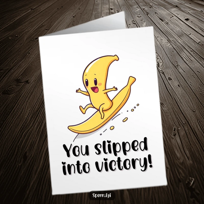 Funny free printable congratulations card: A sperm character gleefully rides a banana peel downhill, celebrating a wild accomplishment.