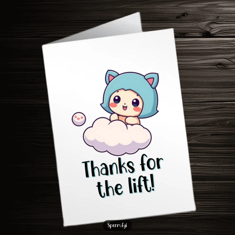 Funny free printable thank you card: a character playfully bouncing a tiny cloud like a ball, a delightful downloadable gift.