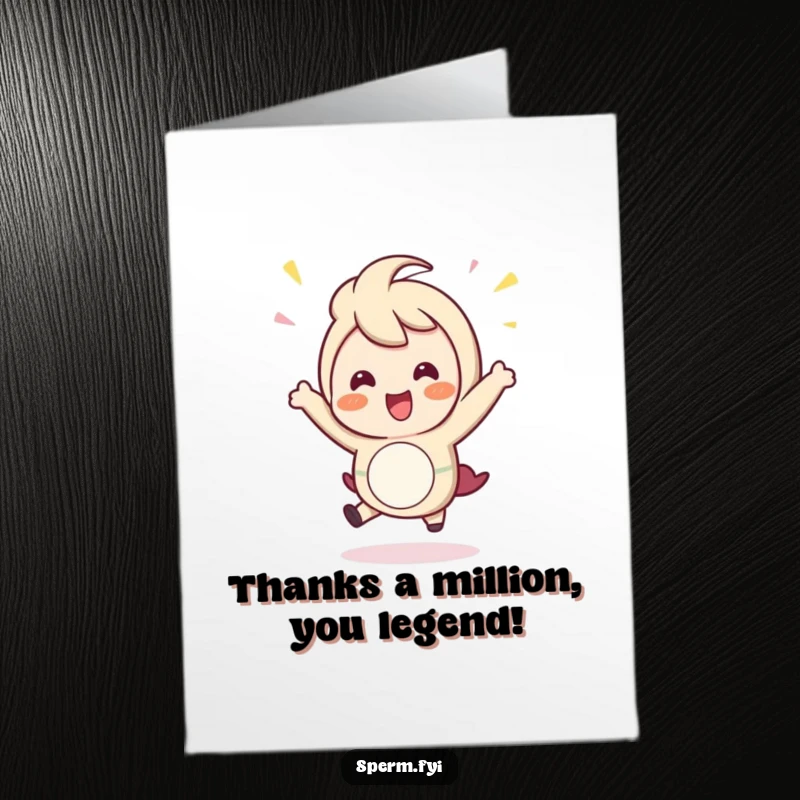 Funny free printable thank you card showing a character happily hopping with excitement. A unique way to express thanks.