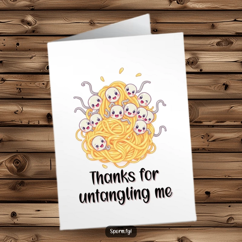 Funny free printable thank you card: Sperm characters are comically ensnared in a giant spaghetti noodle, making gratitude absurd.