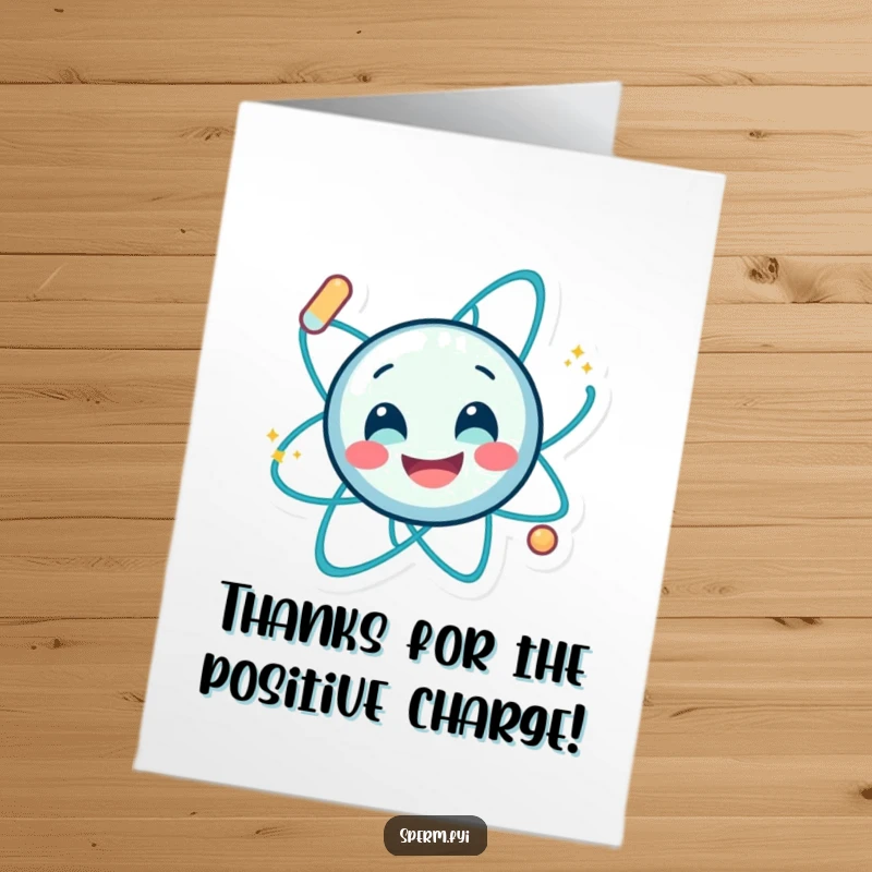 Funny Free Printable Thank You Card: A smiling atom character spinning with playful energy, a dynamic downloadable greeting.