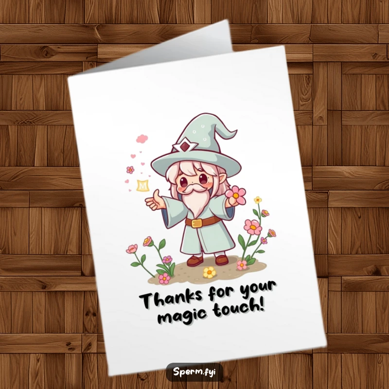 Funny Free Printable Kawaii wizard casting a spell, making flowers bloom, expressing thanks on a card.