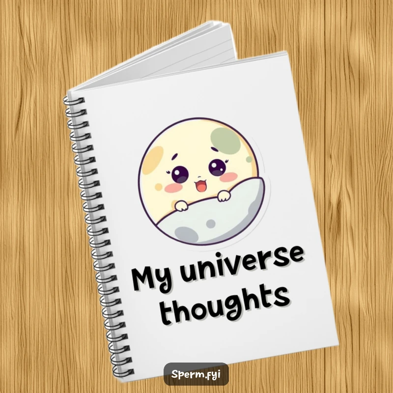 Funny notebook featuring a surprised little moon character peeking from behind a planet, perfect for capturing cosmic thoughts.