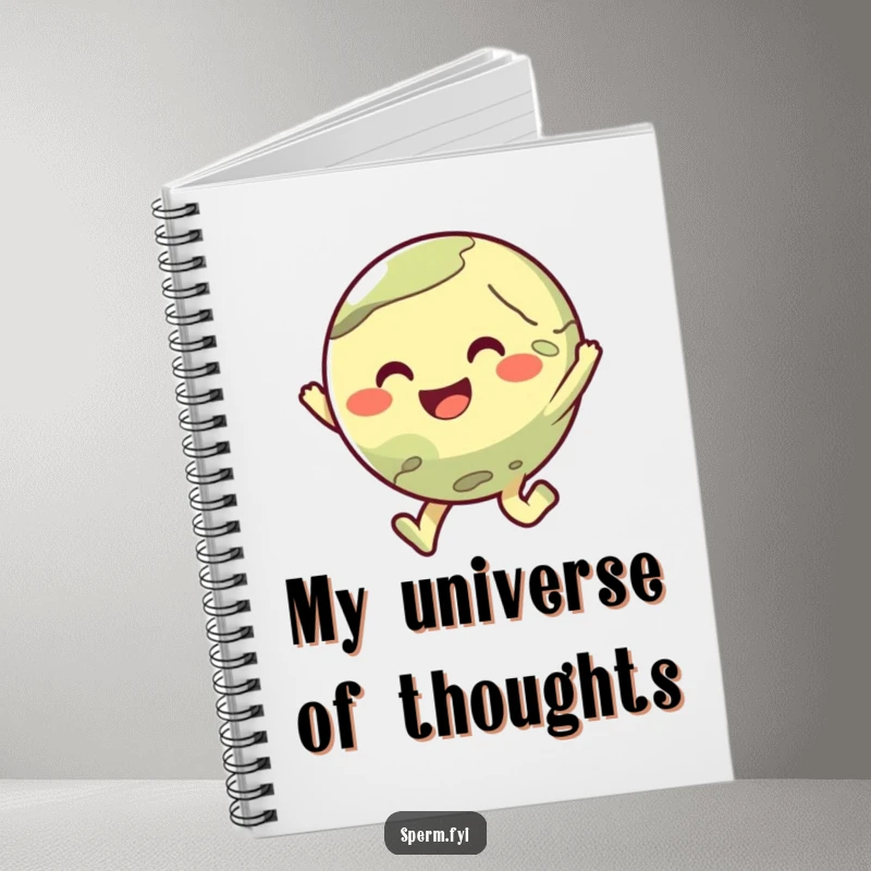 Funny notebook with a cute planet character performing a joyful hop, ideal for humorous note-taking.