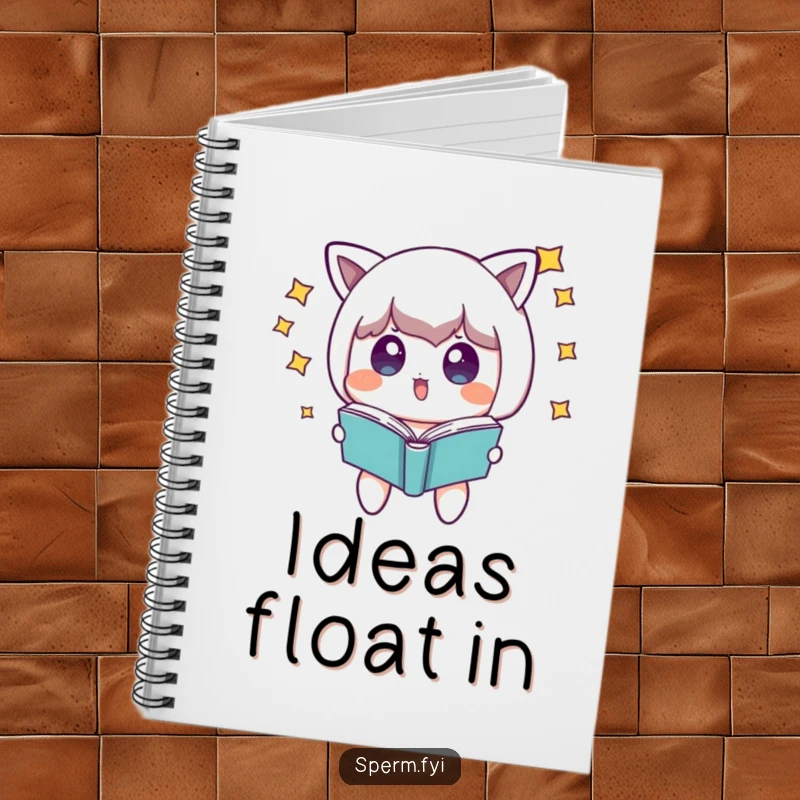 Funny surprised character with stars around its head, looking at a floating book, on a magical notebook cover.