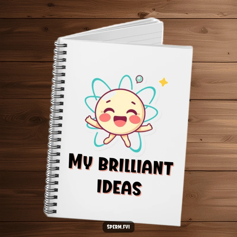 Funny notebook featuring a joyful little atom character happily spinning, perfect for capturing energetic thoughts and ideas.