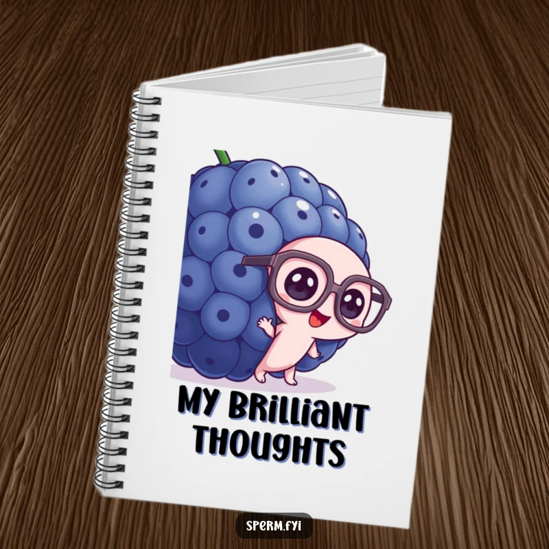 Funny sperm notebook, wearing oversized glasses, peeking from behind a giant blueberry.