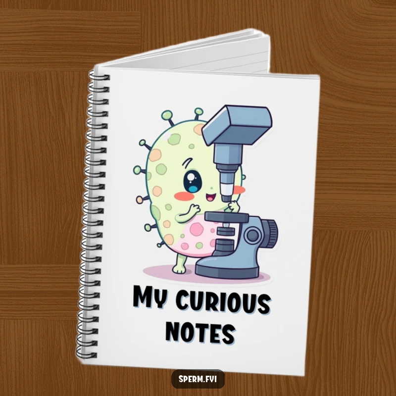 Funny notebook showcasing a curious bacteria character with a microscope, ideal for scientific note-taking.